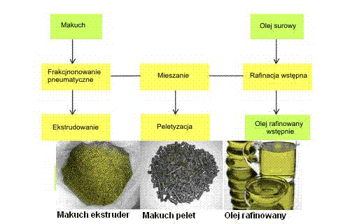 technologia produkcji:, makuch rzepakowy, olej rzepakowy, pellet rzepakowy, koncentrat rzepakowy